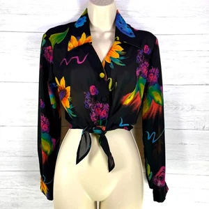 VTG Hot stuff Y2K small black floral tie crop women blouse Fairycore whimsygoth  - Picture 1 of 8