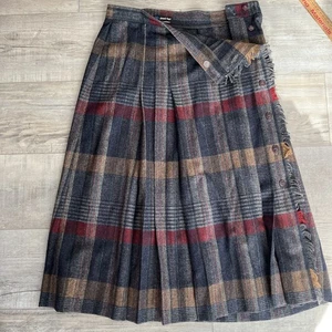 Vintage Panther Rock Damen Wolle A-Linie Plissee kariert adrette seitliche Knopfleiste Fransen - Bild 1 von 6