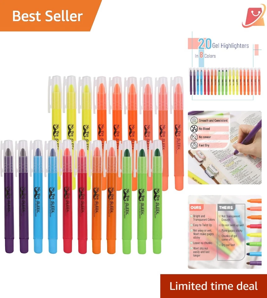 Mr. Pen No Bleed GEL Highlighter Bible Highlighters Assorted Colors Pack of 20