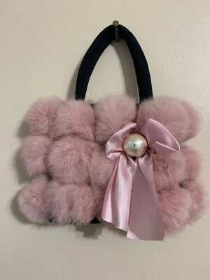 BOLSO BOSOM BUDDY S Piel Rosa Pom Pom BOLSO MONEDERO DE MANO Doble Asa Perla y Lazo Foto 1 de 4