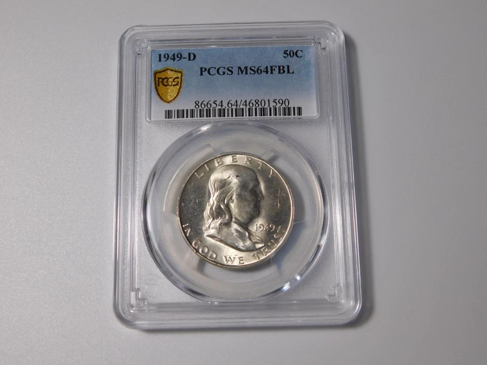 1949-D  FRANKLIN SILVER COIN HALF DOLLAR GOLD SHIELD PCGS GRADED MS64FBL - Image 1 of 4