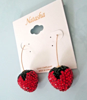 Natasha NWT Red Crystal Strawberries Dangle Earrings 2.25" Chunky - Image 1 of 4