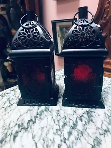 Pair of Metal & Stained Glass CANDLE LANTERNS 2 New Free Standing/Hangable CAGES - Picture 1 of 11