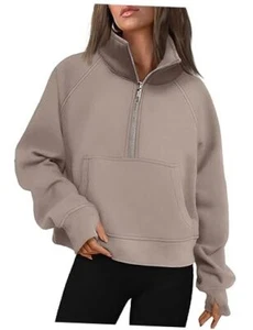 Womens Sweatshirts Half Zip Cropped Pullover Fleece Quarter Medium Coffeegrey - Picture 1 of 7