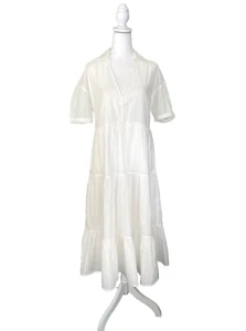 New ZARA Tiered White 100% Cotton Midi Dress Size S Puff Sleeves Deep V-Neck - Picture 1 of 14