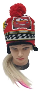 Disney Red Winter Hat Cars Lightning Beanie + Pompom + Ear Flap - Picture 1 of 4