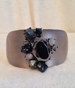 ALEXIS BITTAR Warm Gray Brown LUCITE Crystal Encrusted Hinged Wide Bracelet - Picture 1 of 11