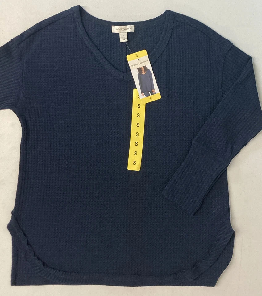 Vintage America Blues Women's V Neck Thermal Knit Top Small S Sweater Navy Shirt