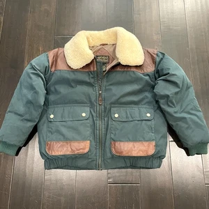 VTG 90s Eddie Bauer Goose Down Jacket Green Leather Shearling Men's Size L - Picture 1 of 6