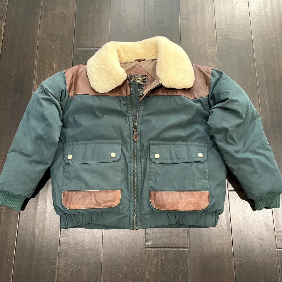 VTG 90s Eddie Bauer Goose Down Jacket Green Leather Shearling Men's Size L - Image 1 of 4