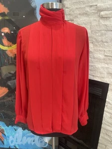 Vintage Coruss 1980s High Collar Red Blouse Cloth Buttons Size 10 Secretary - Picture 1 of 12