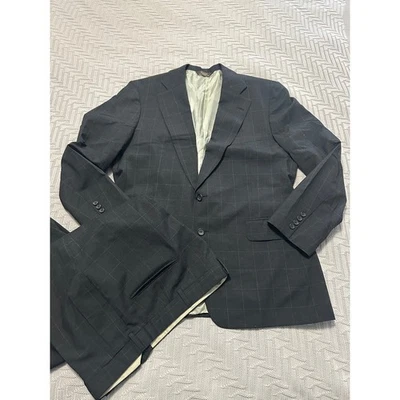 Paul Stuart navy windowpane plaid wool suit size 44L - Image 1 of 4