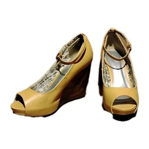 Qupid Wood Wedge Tan Leather Ankle Strap Open Toe High Heel Shoes. 7.5 M A037 - Picture 1 of 6