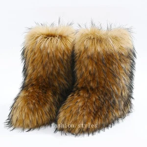 Winter Women's Fur Boots Outdoor Non Slip Haired Raccoon Fur Snowy Warm Boots - Picture 1 of 49