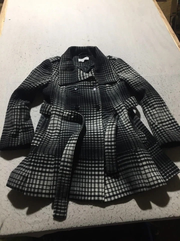 Calvin Klein Wool Coat Womens 12 Black White Plaid Long Sleeve Tie Belt Pocket - Image 1 of 4