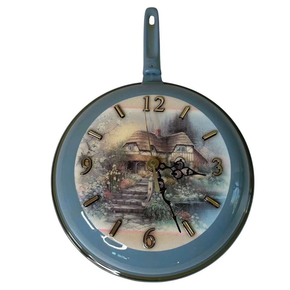 Reloj de pared sartén vintage años 70 casa de campo cuarzo cocina decoración azul Foto 1 de 4