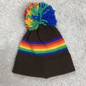 Cappello vintage Beanie The Mountain Lid Aspen Colorado Rainbow Pom Pom anni 70 fatto a mano - Foto 1 di 6