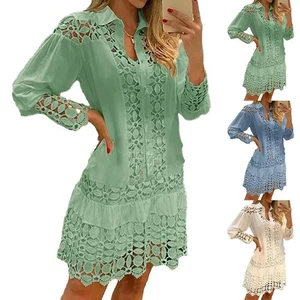 Elegant Spring Summer Lace Splicing Long Sleeve Cutout Shirt Blue Women's Dress - Picture 1 of 18