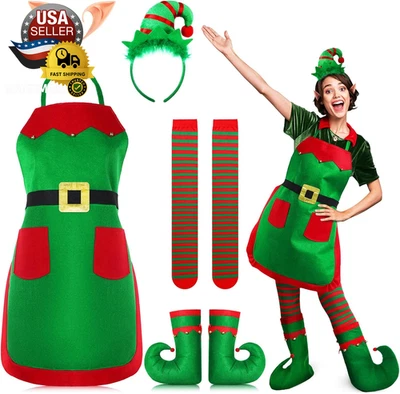 5 Piezas Disfraz de Elfo para Mujer Navidad Elfo Delantales Sombrero Zapatos Cubiertas Calcetines Fieltro Str Foto 1 de 4