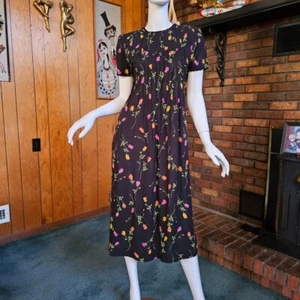 Vtg 90s Preppy Punk Reality Bites Tieback Empire Floral Rayon Midi Dress S/M - Picture 1 of 9