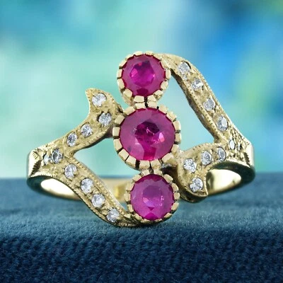 14K Yellow Gold Natural Ruby and Diamond Vintage Style  Three Stone Ring - Image 1 of 4