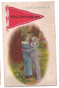EMBRACE Man Woman KISS Pennant Baltimore Maryland MD Postcard Bamforth 1918 DB - Picture 1 of 2