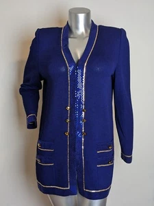 STUNNING St John long evening jacket knit blue embellished suit blazer size 10 - Picture 1 of 17