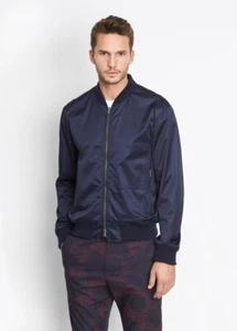 VINCE Navy Blue Washed Satin Luxury Cotton Stretch Zip Front Bomber Jacket M - Picture 1 of 15