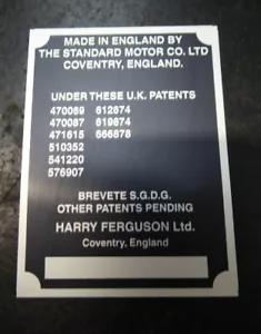 SERIAL NUMBER PLATE - 9 PATENT NUMBERS. COMPATIBLE WITH: FERGUSON: TE SERIES - Picture 1 of 1