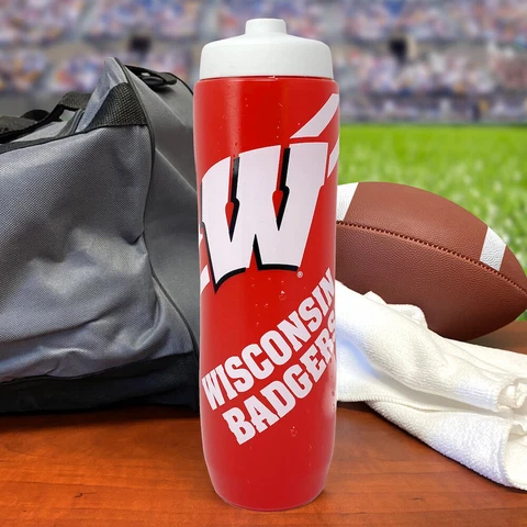 NCAA Wisconsin Badgers Squeezy Water Bottle.  BPA Free Holds 32 Ounces Big Ten Cover