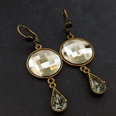 Michal Negrin Earrings Long Smoky and Gray Faceted Crystal Statement Hoop Runway - Image 1 of 4