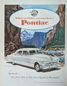 Anuncio impreso de automóvil Pontiac 1950 vintage. Montañas, río, pesca - Imagen 1 de 1