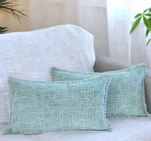 Textured Lumbar Pillow Covers Set of 2 (20x12 inch, Turquoise) Stitched Edges - Picture 1 of 10