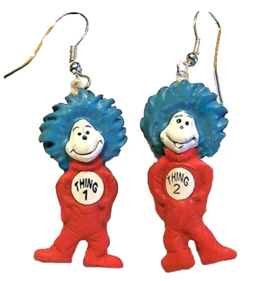 Retro Dr Seuss COSA UNA COSA DOS PENDIENTES Gato en Sombrero Personaje Novedad Joyería Foto 1 de 2