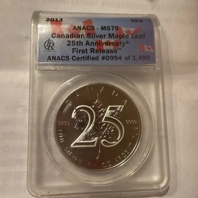 Canadá 2013 1 oz hoja de arce de plata $5 25 aniversario ANACS MS70 FR #994/1490 Foto 1 de 2