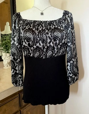 AB STUDIO женщин Топ блузка черный и белый печать мягкий эластичный красивый размер M - Изображение 1 из 4