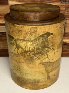 Wooden Round Cylinder Decorative Storage Container Lidded Cave Paintings - Picture 1 of 10