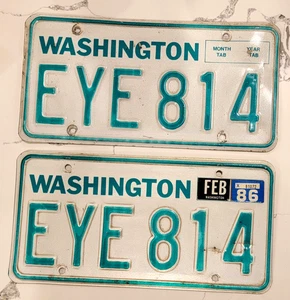 1982 - 1986 WASHINGTON NUMMERNSCHILD Set -- EYE 814 -- 1986 TAG -- Paar Kennzeichen - Bild 1 von 11