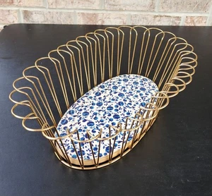 Pioneer Woman Bread Fruit Basket Oval Gold Wire 15.5" Blue Flowers White Gift - Picture 1 of 9