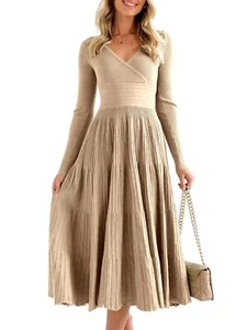 Women V Neck Sweater Dress Long Sleeve Pleated Flare Elegant Maxi Dress Khaki XS - Picture 1 of 6