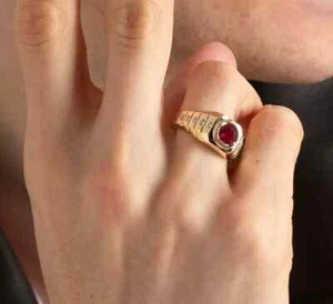 2Ct Round Cut Lab Created Ruby & Diamond Engagement Men's Ring 14k Gold Plated - Picture 1 of 8
