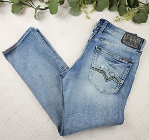 Buckle Salvage Mayhem Men's Light Wash Blue Denim Jeans Straight Size 34 R - Picture 1 of 13