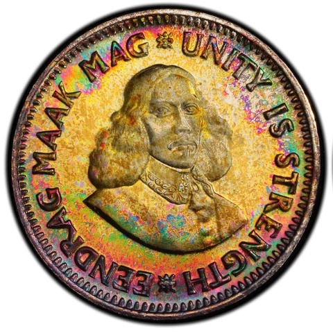 PR67+ 1962 South Africa 2 1/2 Cent Silver Proof, PCGS Trueview- Rainbow Toned Cover