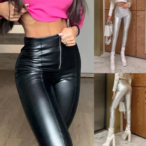 Womens Sexy PU Leather Zip Up High Waist Leggings Slim Fit Pants PVC Trousers UK - Picture 1 of 19