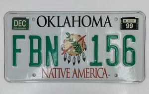 Oklahoma Non Use License Plate FBN 156 Expired 1999 Native America OK Car Tag - Picture 1 of 2