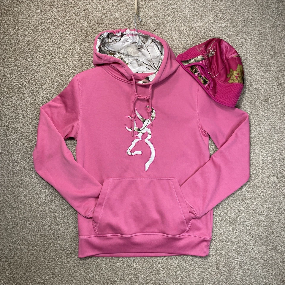 Browning 女式粉色 Buckmark 运动衫 M 码带 Huntworth 马尾帽 — 第 1/4 张图片