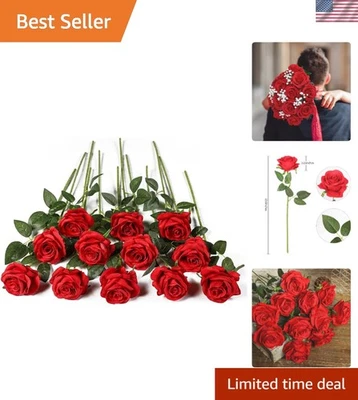 12PCS Artificial Roses Silk Flowers Fake Roses Realistic Bouquet Long Stem Red - Image 1 of 4