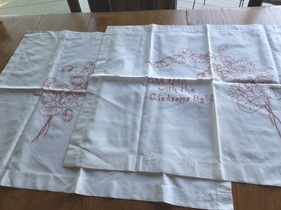 Antique Turkey Red Lay Over Pillow Covers  Hand Embroidered linen large  LILIES  - Image 1 of 4