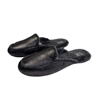 UGG Slippers 11 Lane Metallic Gunmetal Suede Fur Lined Sheepskin Loafer Mule - Image 1 of 4