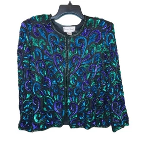 80's Vintage Laurence Kazar Peacock Sequins Jacket with Beading Size XL - Picture 1 of 6